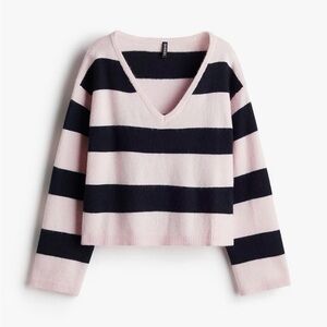 H&M Pink and Navy Striped V-Neck Sweater